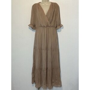 Bella Ella On The List Maxi Dress Brown Pleated Tiered Lined Half Sleeve Size L